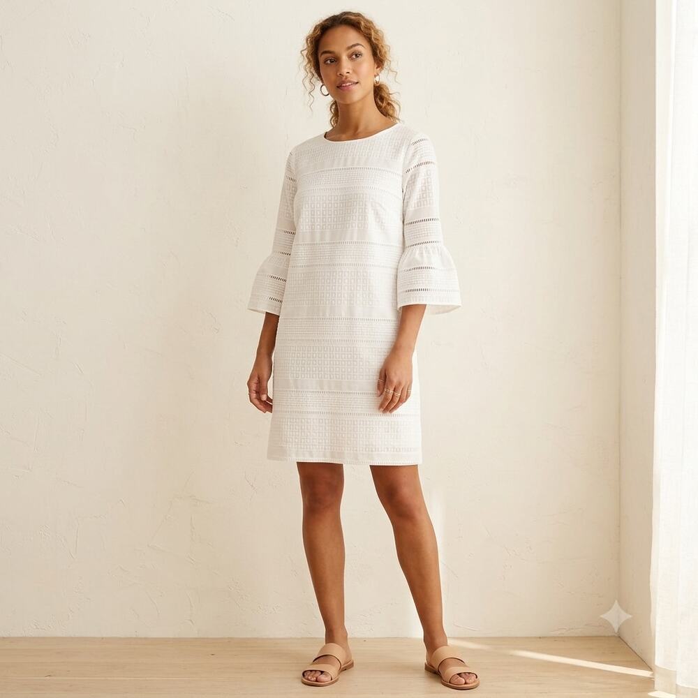 J. Crew Shift Dress Sz 8 White Eyelet Flutter Sleeve Cotton Preppy Coastal Boho